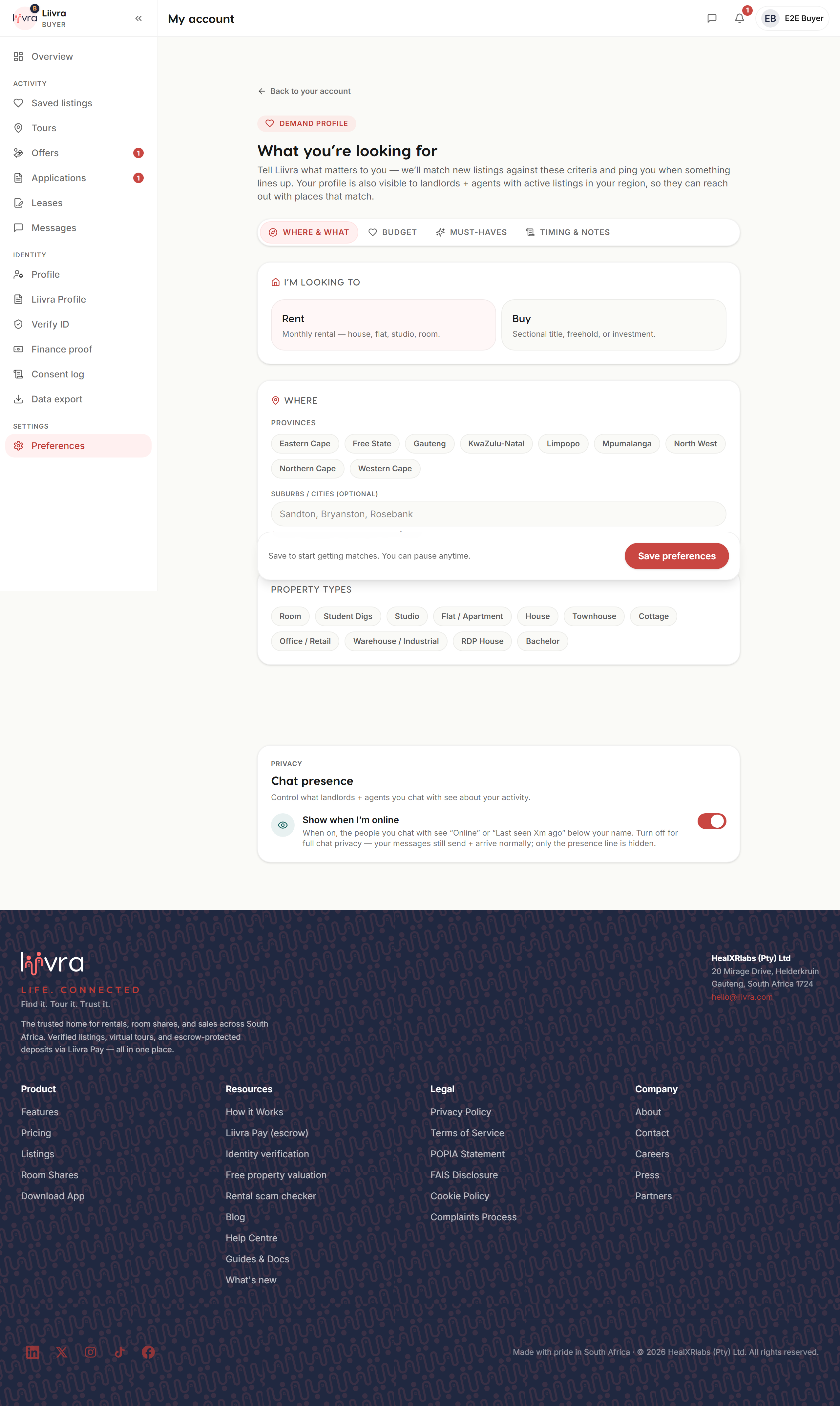Account preferences — Liivra web