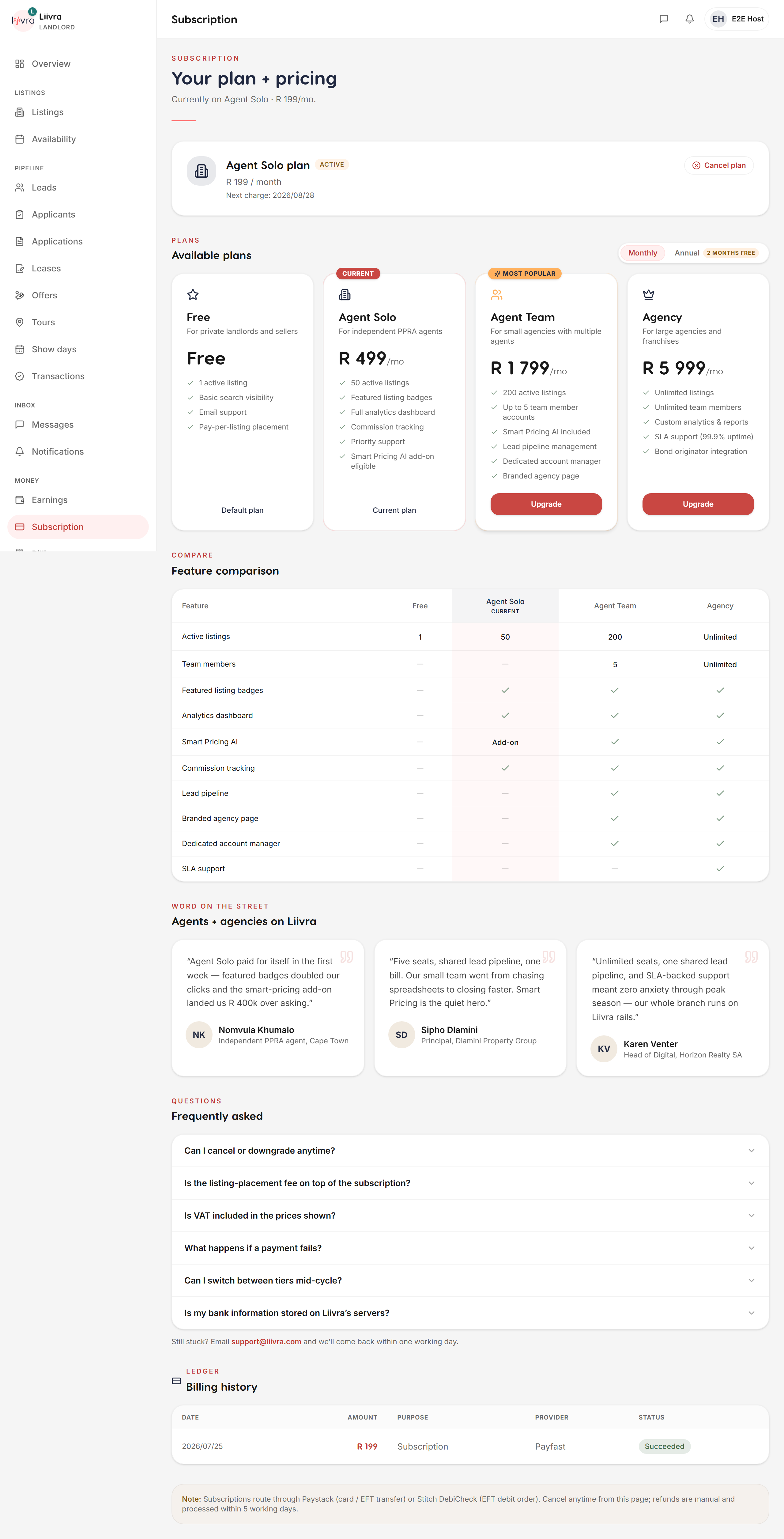 Subscription manage — Liivra web