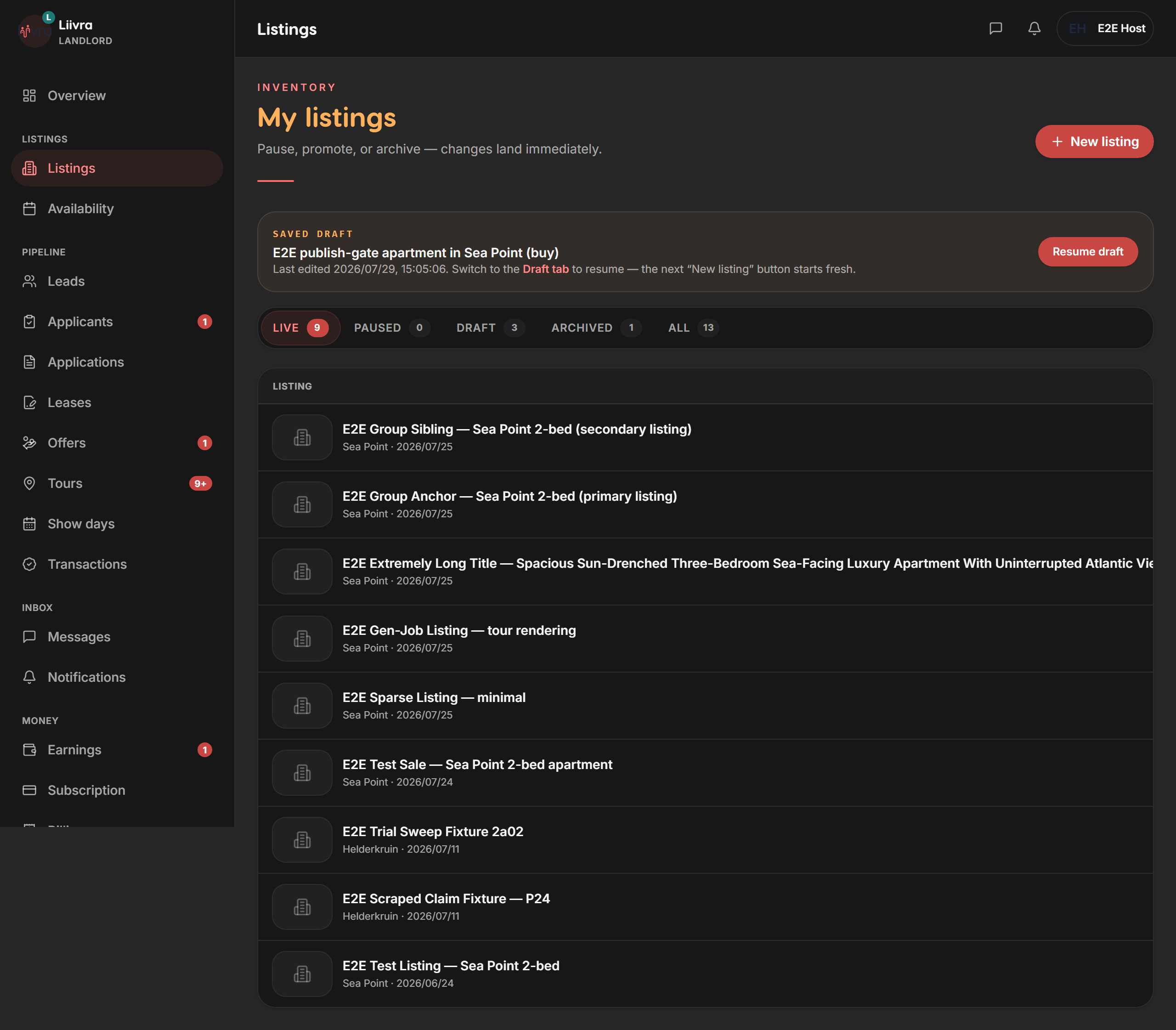 Listings manage — Liivra web (dark)