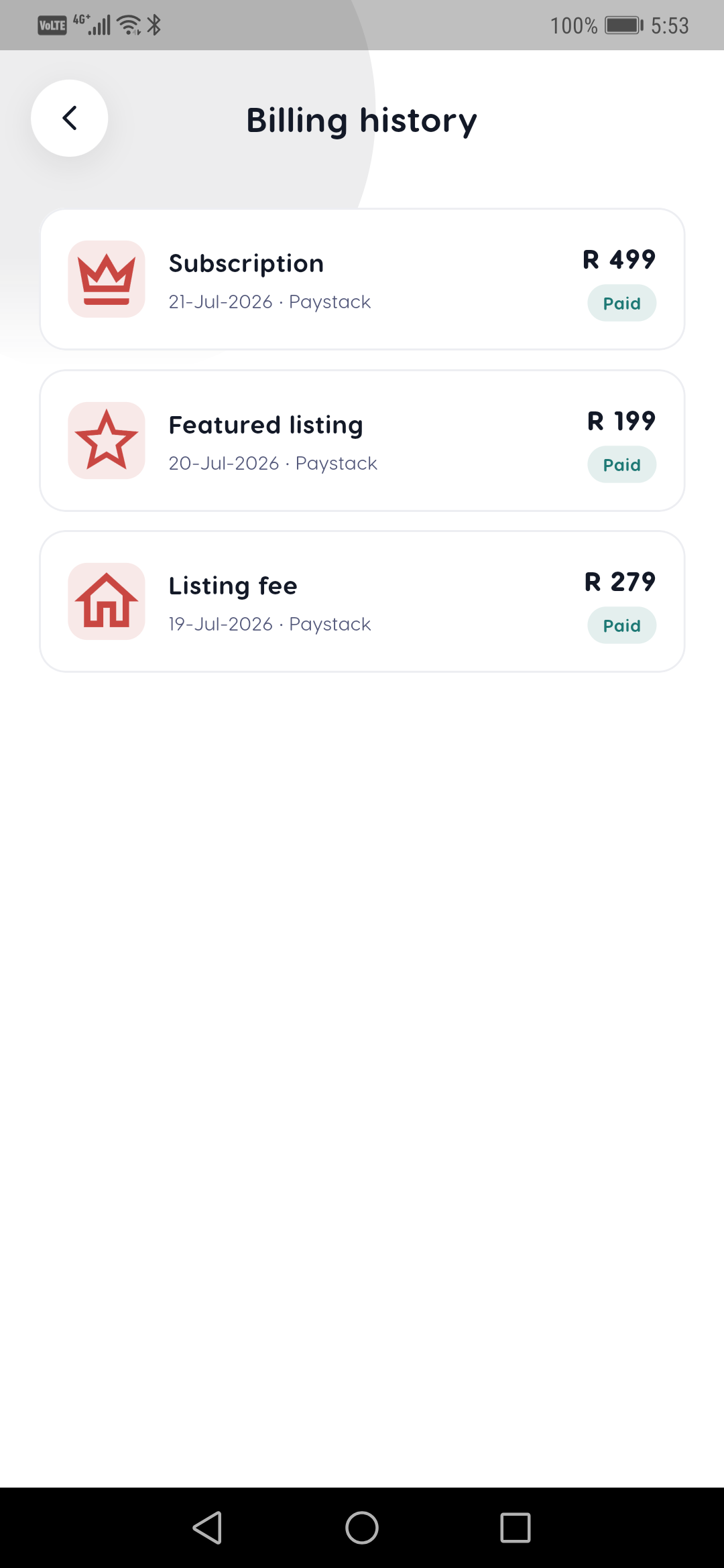 Billing history — Liivra app