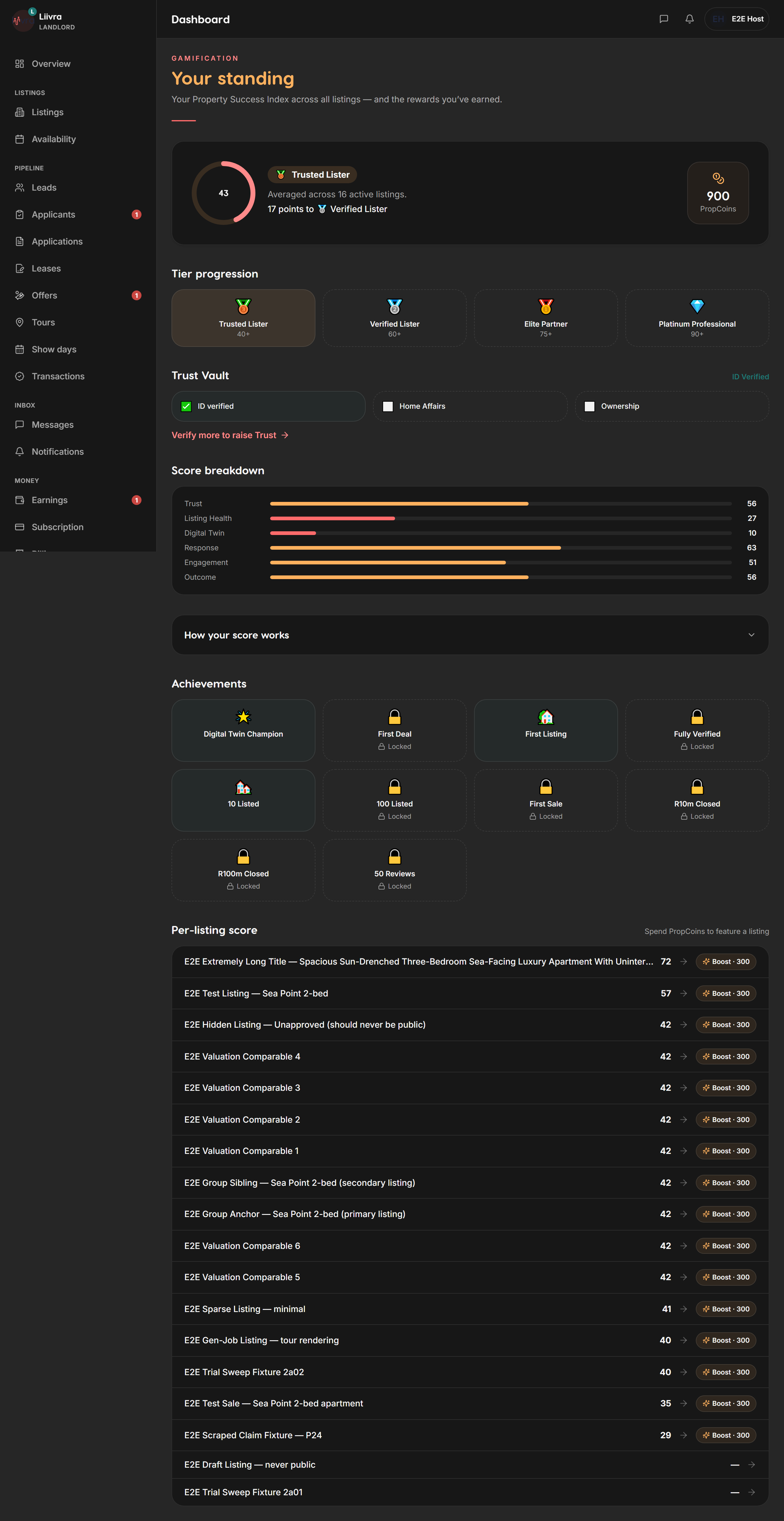 Propcoins balance — Liivra web (dark)