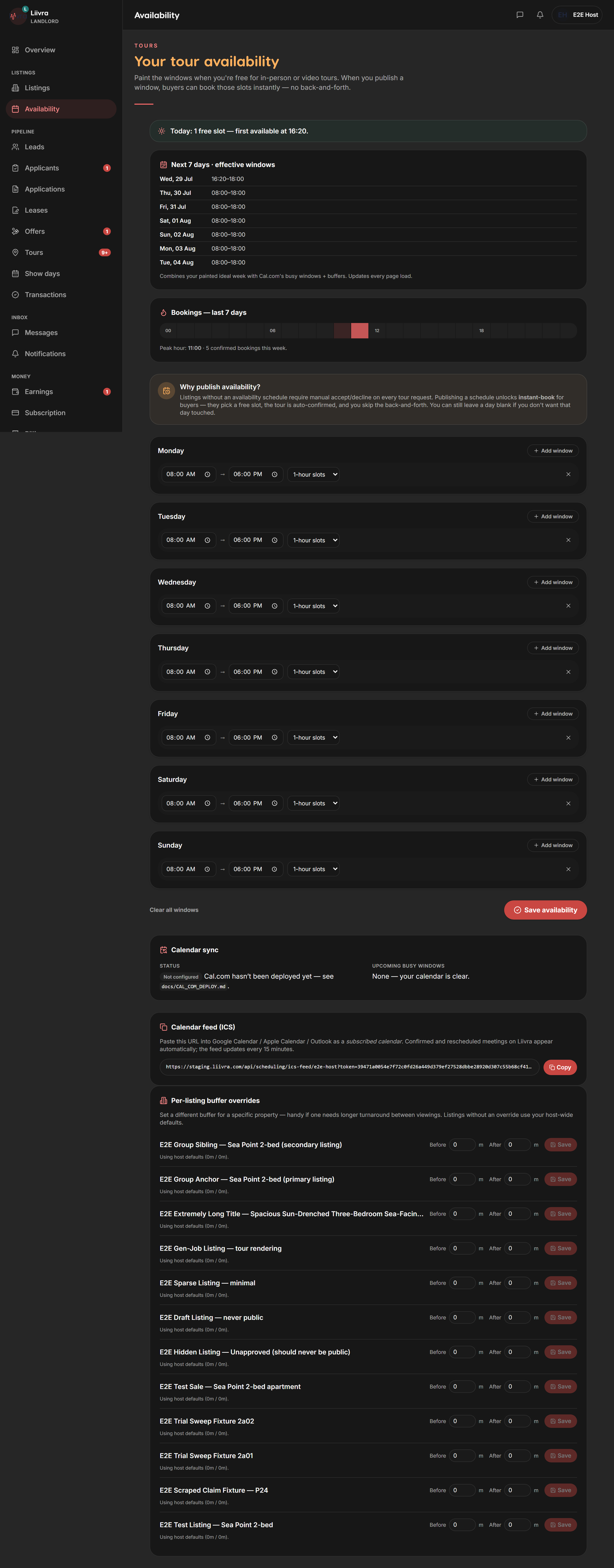 Availability editor — Liivra web (dark)