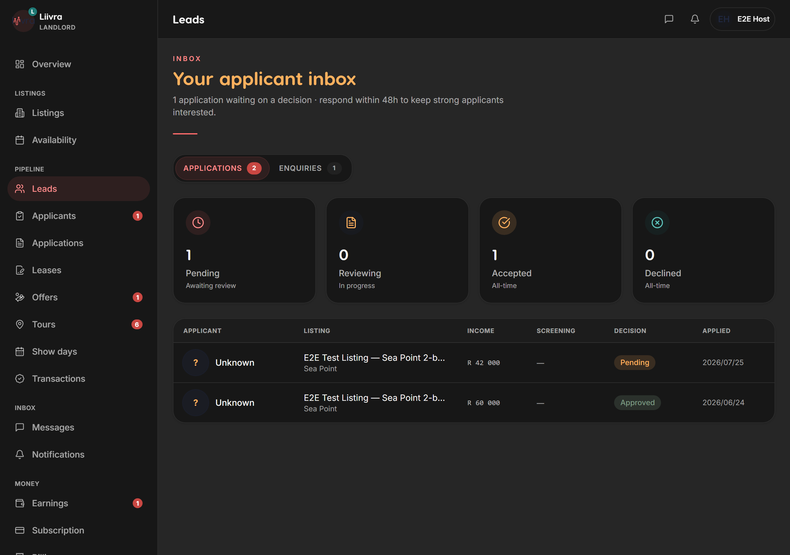 Applicant list — Liivra web (dark)