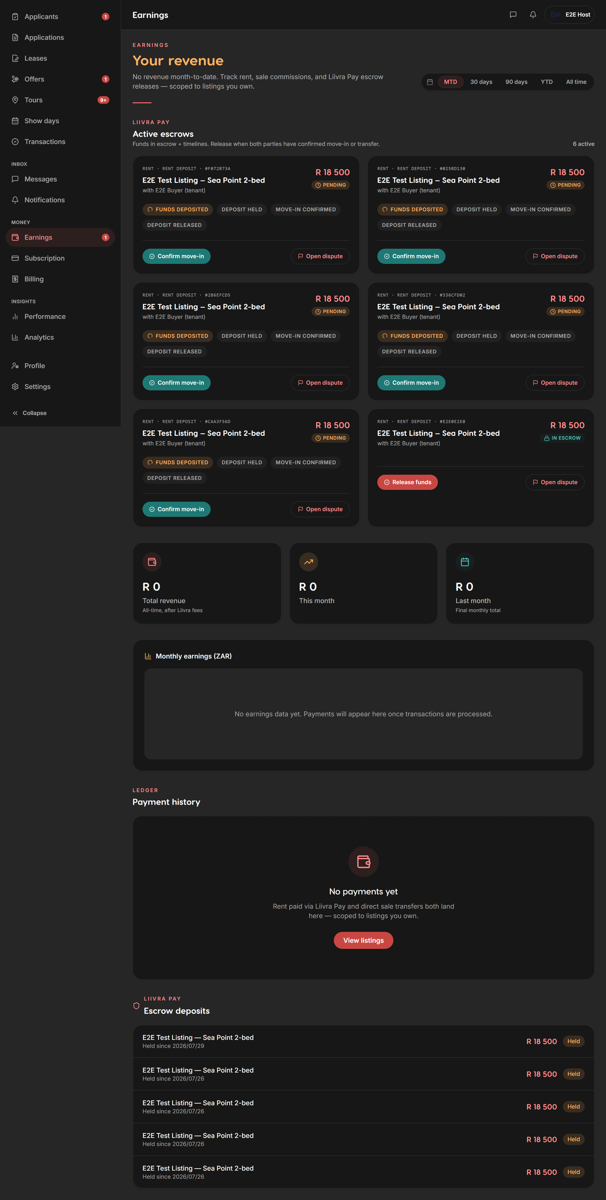 Earnings ledger — Liivra web (dark)