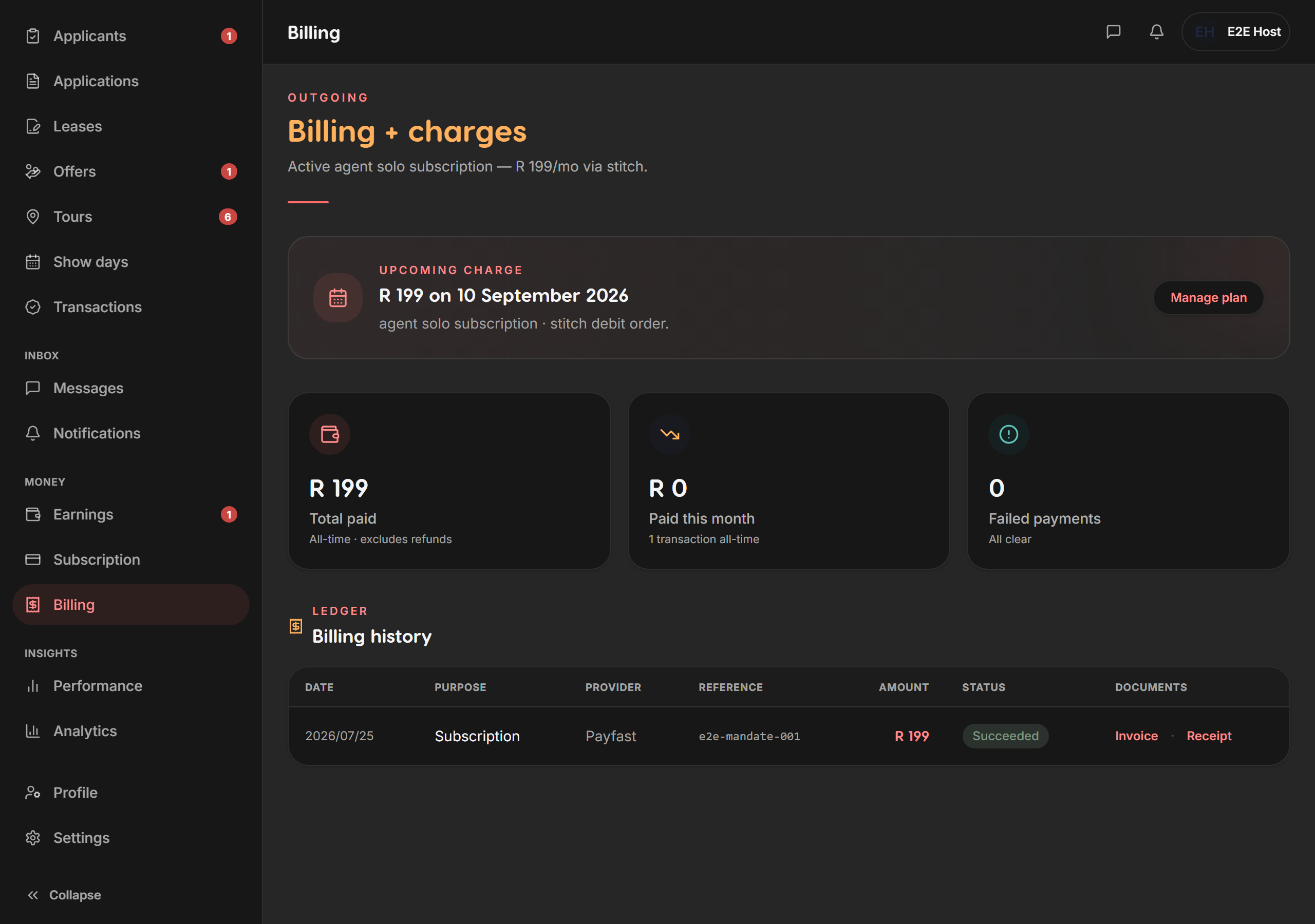 Transactions ledger — Liivra web (dark)
