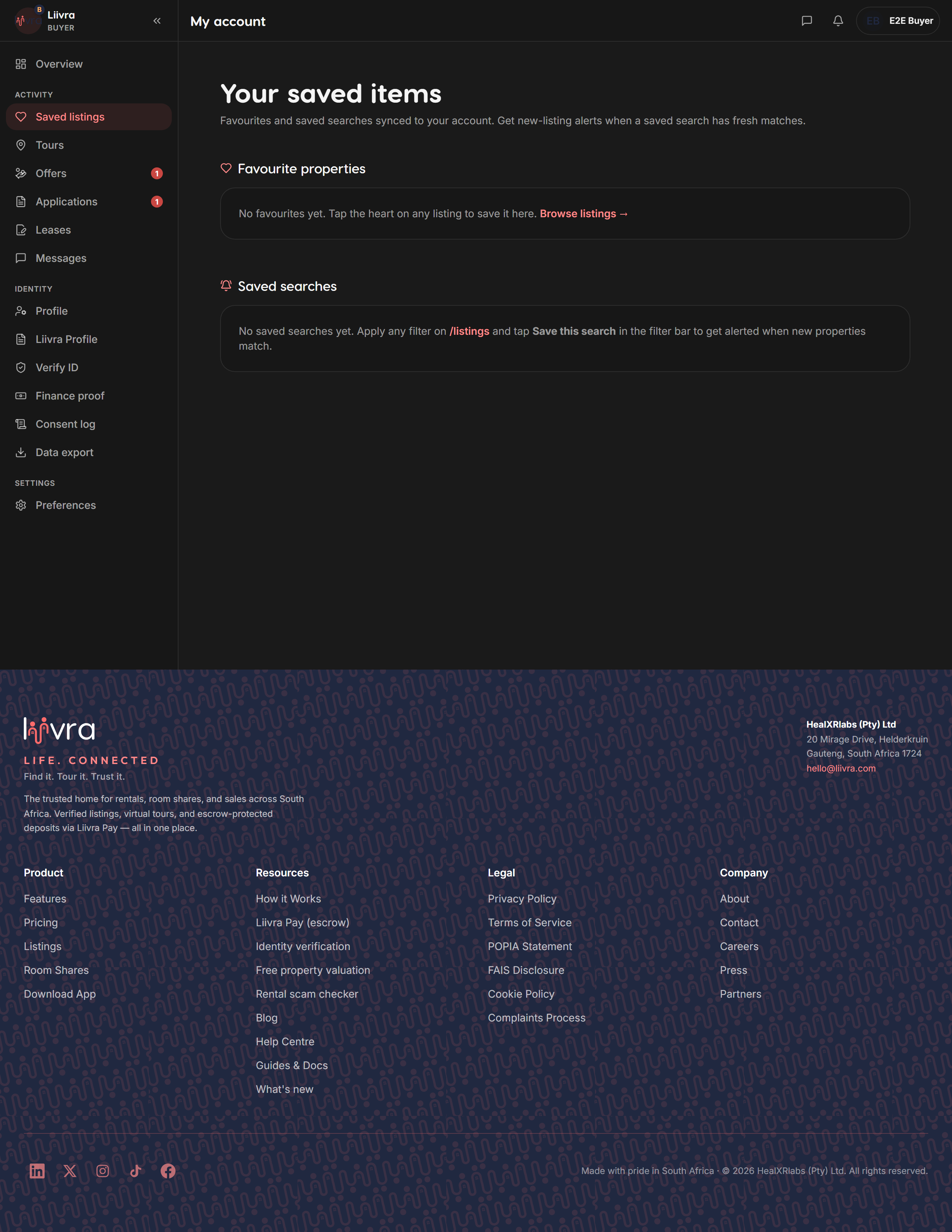 Saved homes — Liivra web (dark)